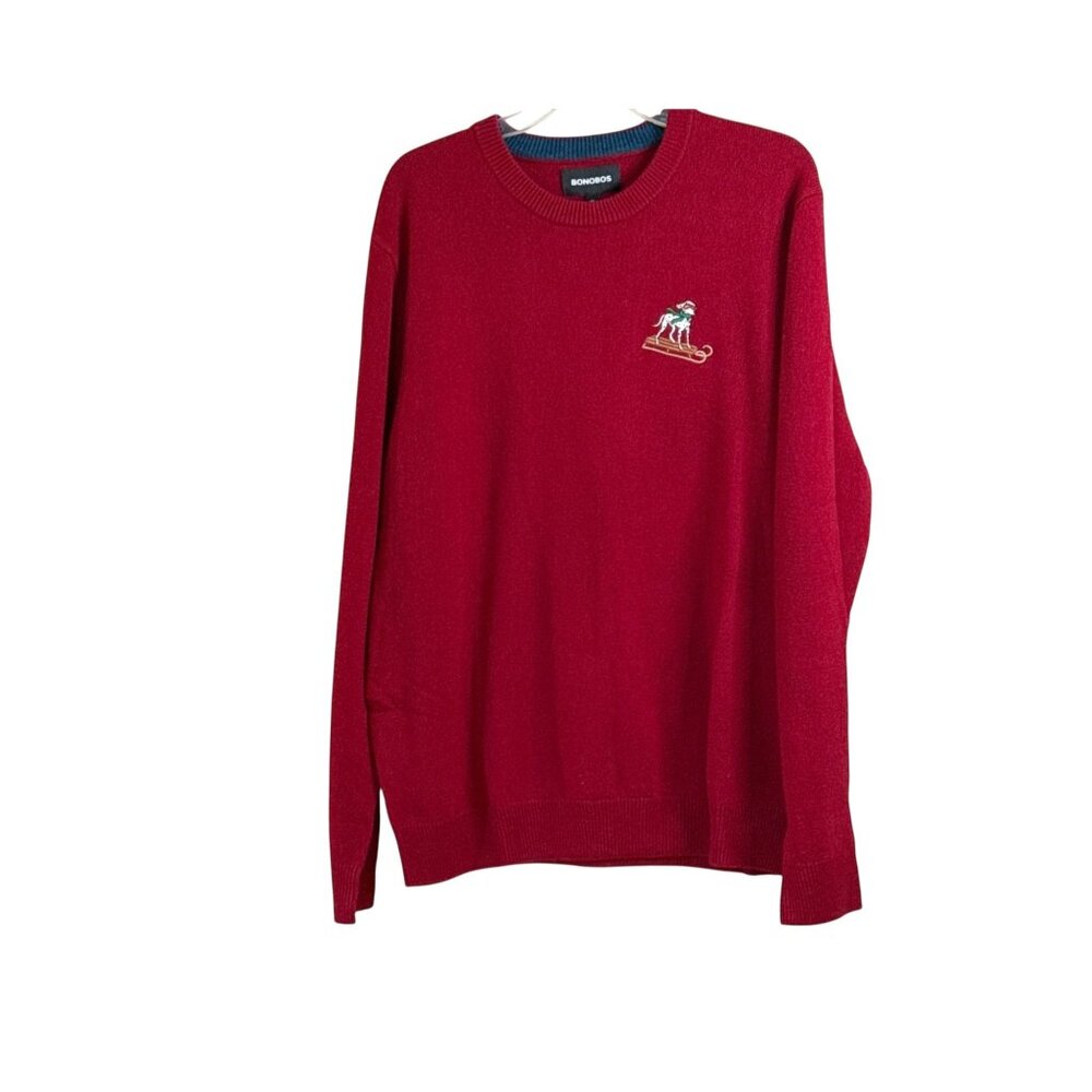 Bonobos Men's Dalmation on a Sled Wool Sweater Burgundy Red Novelty Size XL NWT